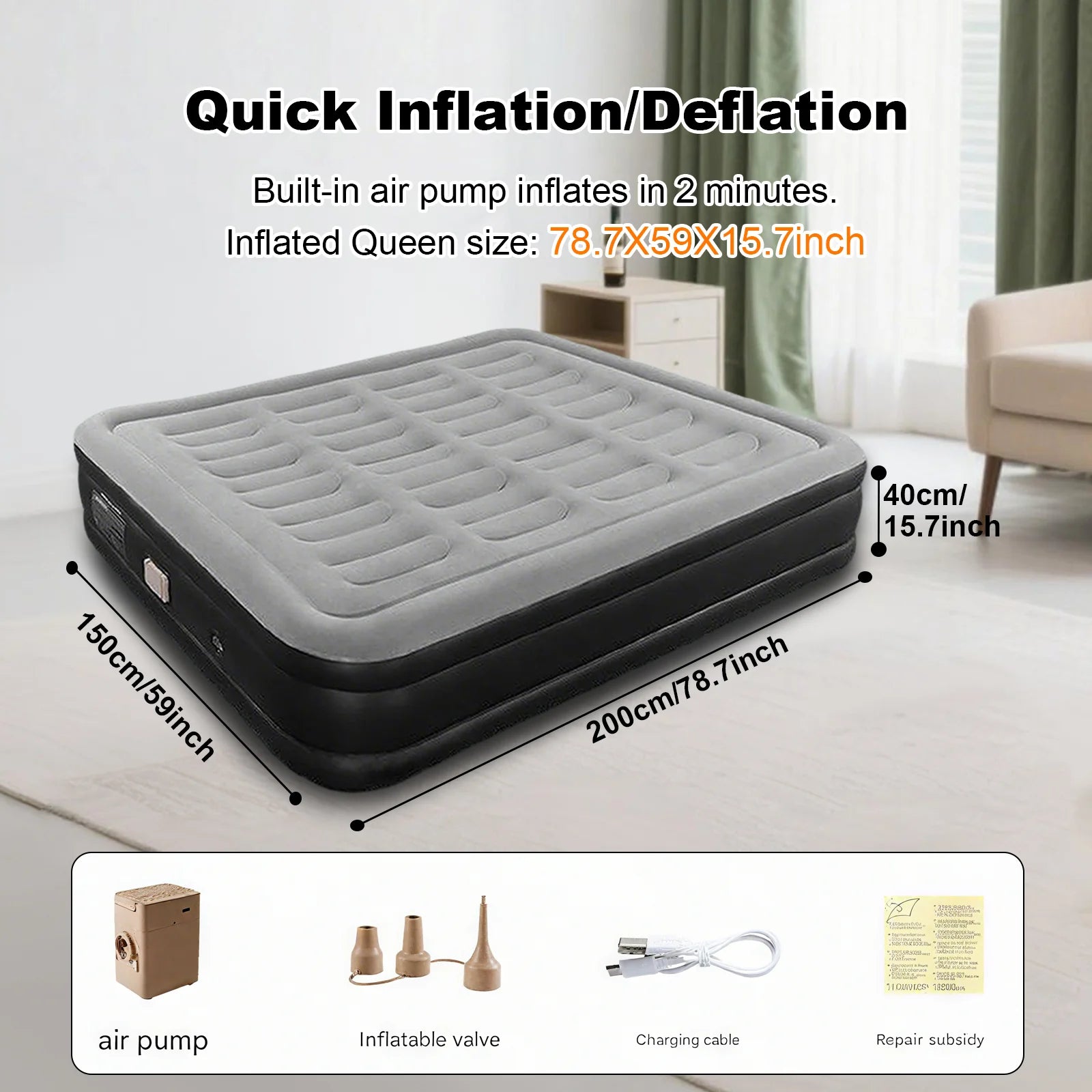 1-2 Person PVC Automatic Inflatable Mattress  Built-In Pump Bed
