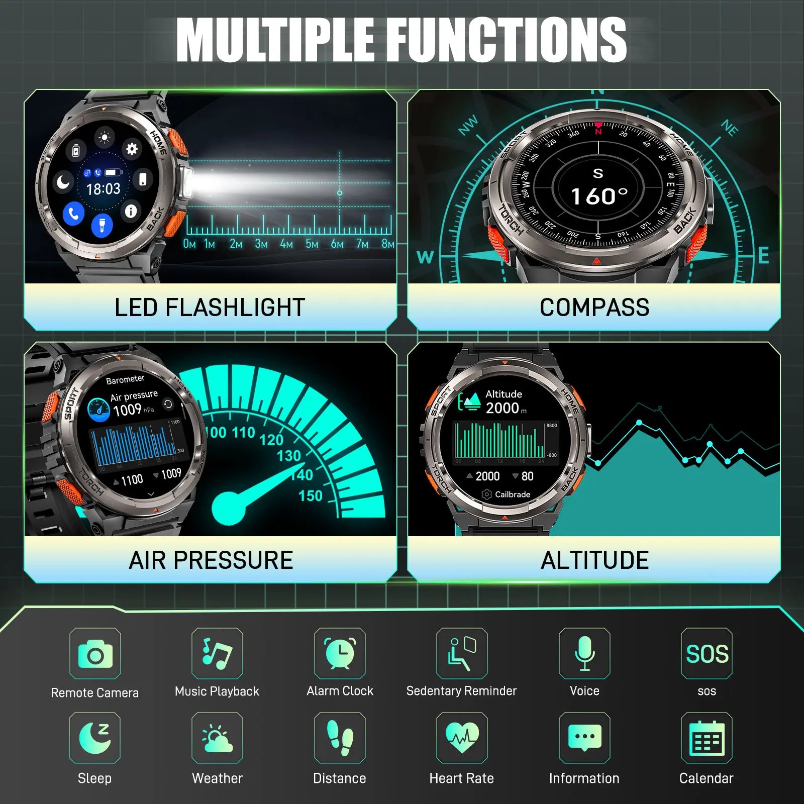 1.45 Inch Smart Watch Waterproof Original Design Sports  LED Flashlight