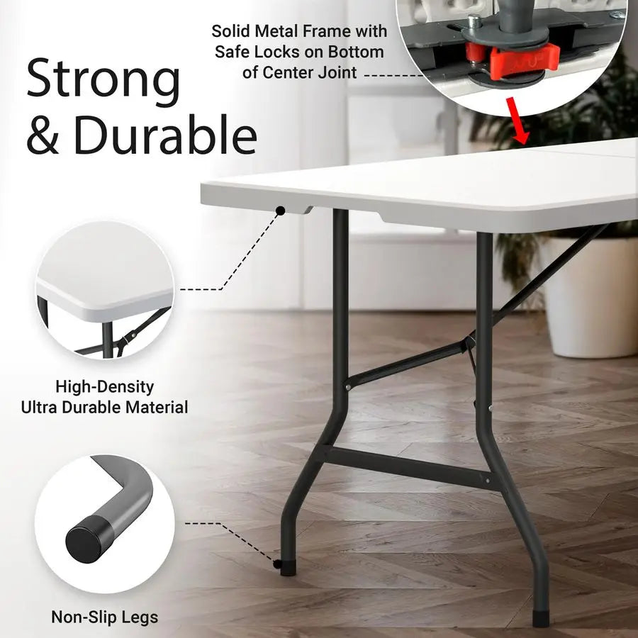 6 Feet Foldable Table with Built in Handle Steel Legs Perfect for Party, Dining, Wedding, Event