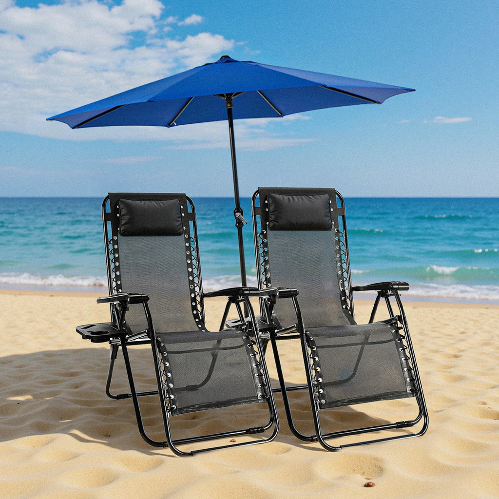 JHK Zero Gravity Set of 2 Portable Recliner Camping Patio Outdoor with Cup Holder Trays Adjustable Pillow