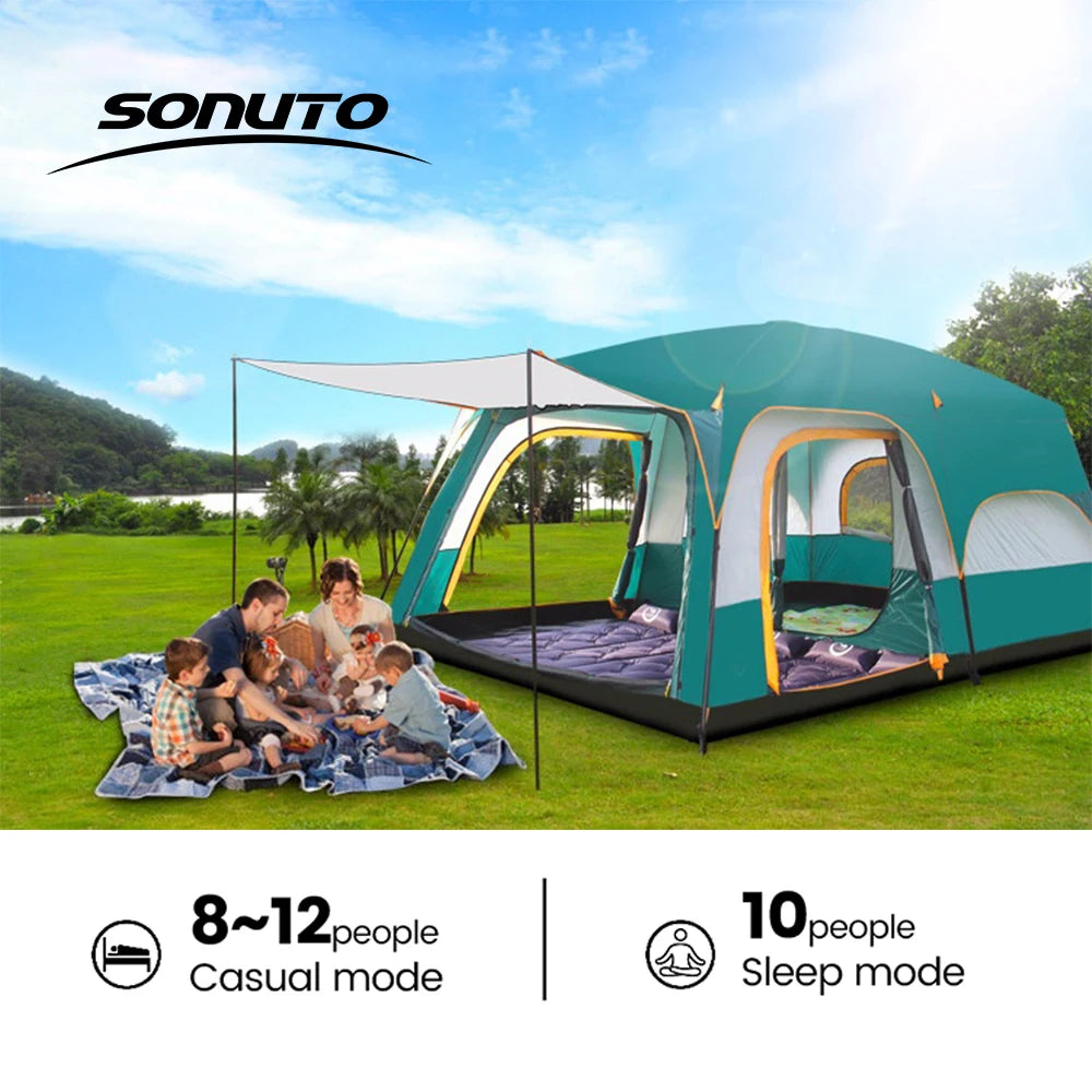 8-12 Person 2 Room Windproof with Sun Protection Mosquito Net Camping Tent for 4 Season