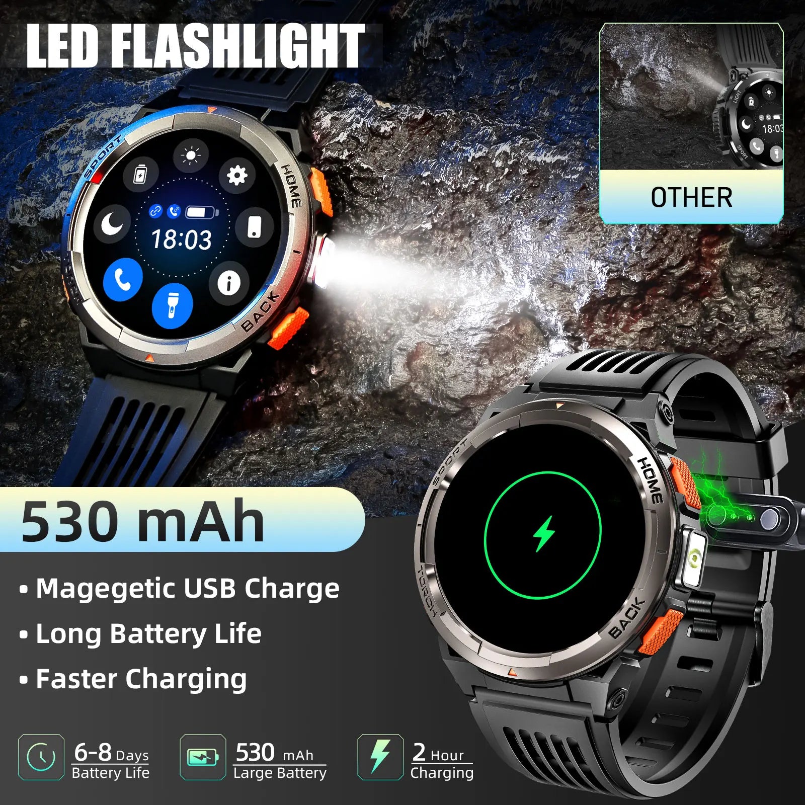 1.45 Inch Smart Watch Waterproof Original Design Sports  LED Flashlight