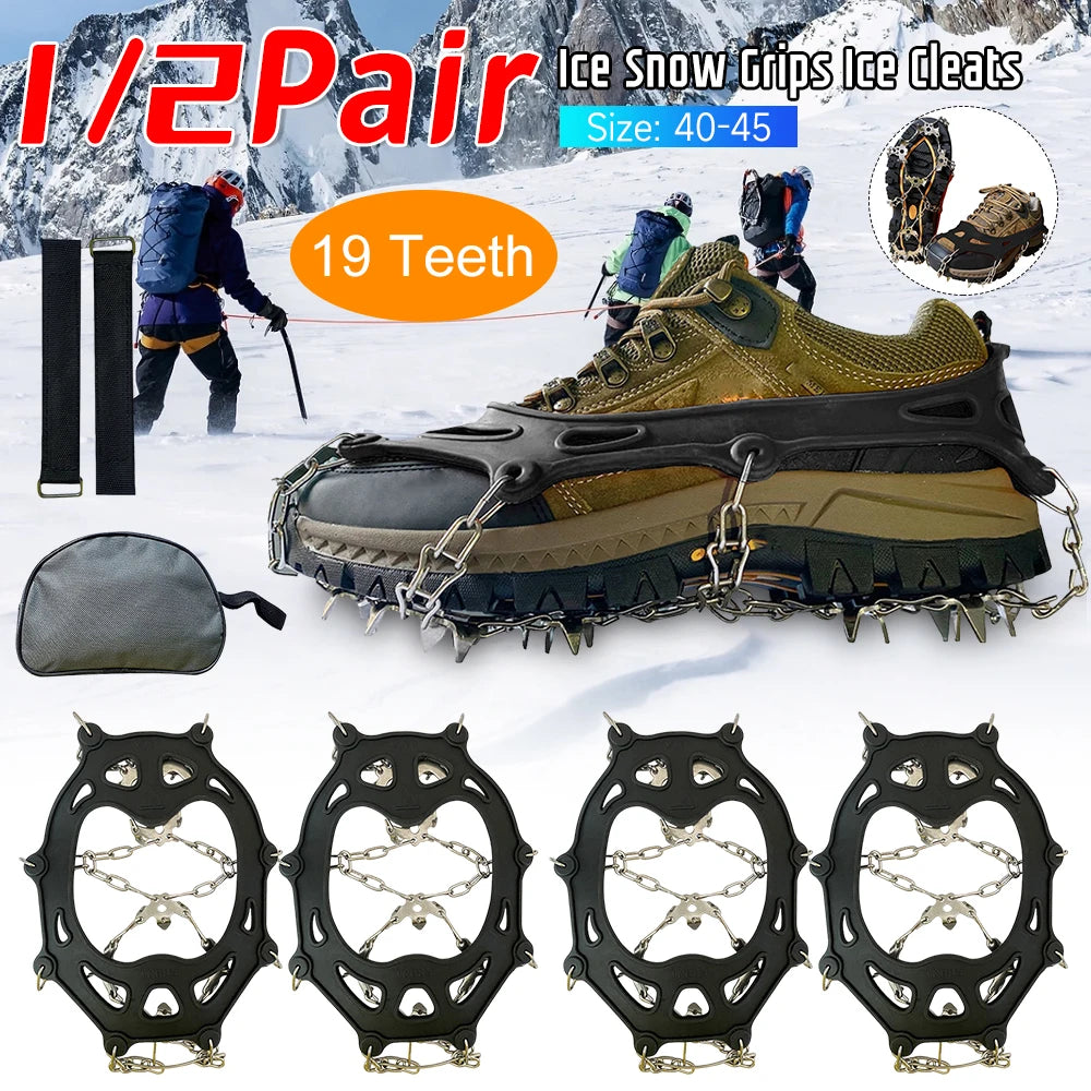 19 Teeth Snow Spikes Crampons Anti Slip Ice Gripper Cleats Chain Claws for Hiking Climbing  Walking Boots Cover ﻿