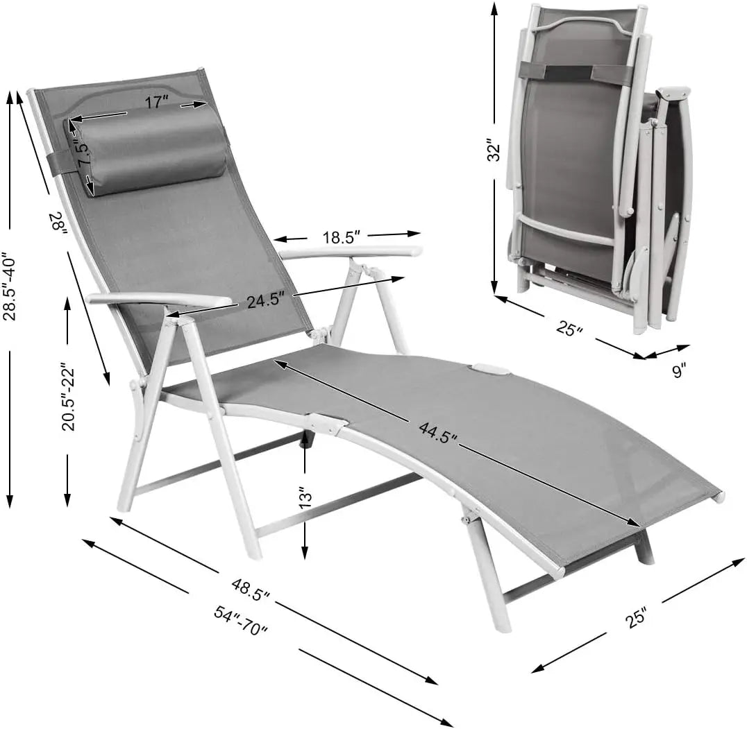 Outdoor Folding Chaise Lounge Chair, Lightweight Recliner Chair w/ 7 Adjustable Backrest Positions