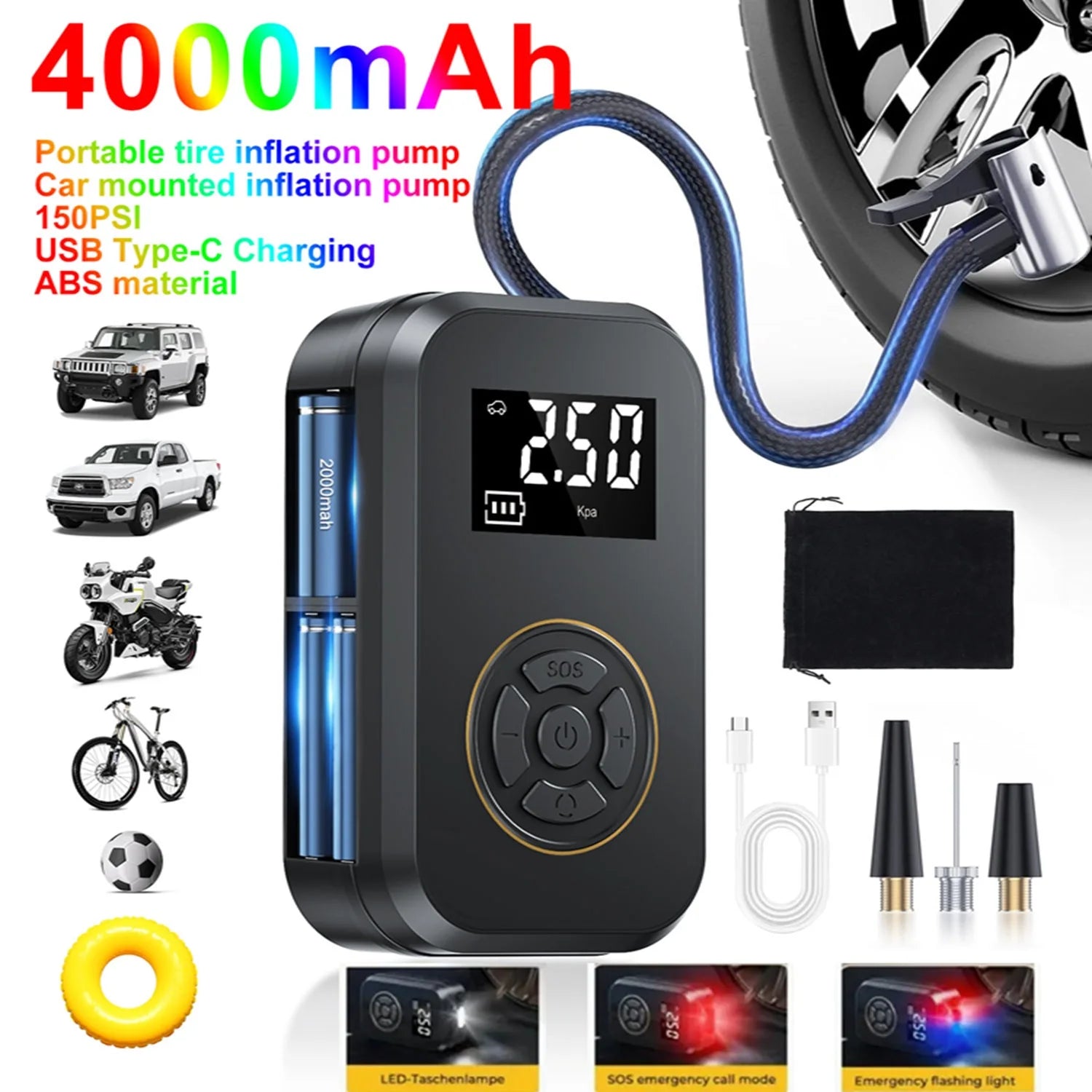 Multifunction Digital Air Pump, Portable Tire Inflator  Balls, Boats, Camping