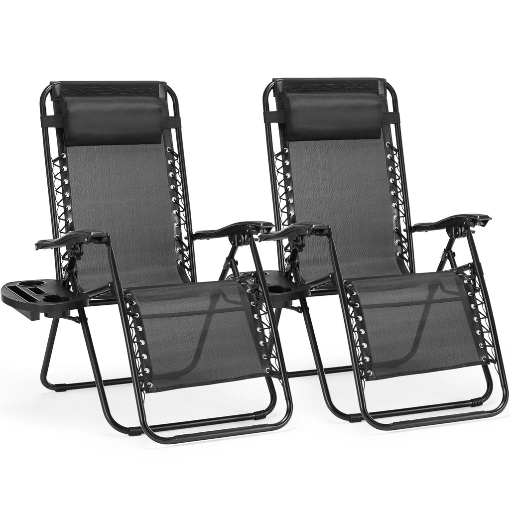 JHK Zero Gravity Set of 2 Portable Recliner Camping Patio Outdoor with Cup Holder Trays Adjustable Pillow