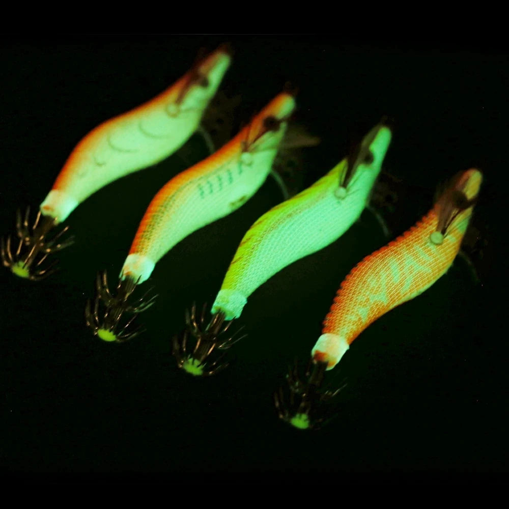 4PCS Fishing Lures Wrapped Prawn Lure Octopus Shrimp Wood Baits Squid Jig Fishing Hooks 8.5CM 7.3G 2.0#