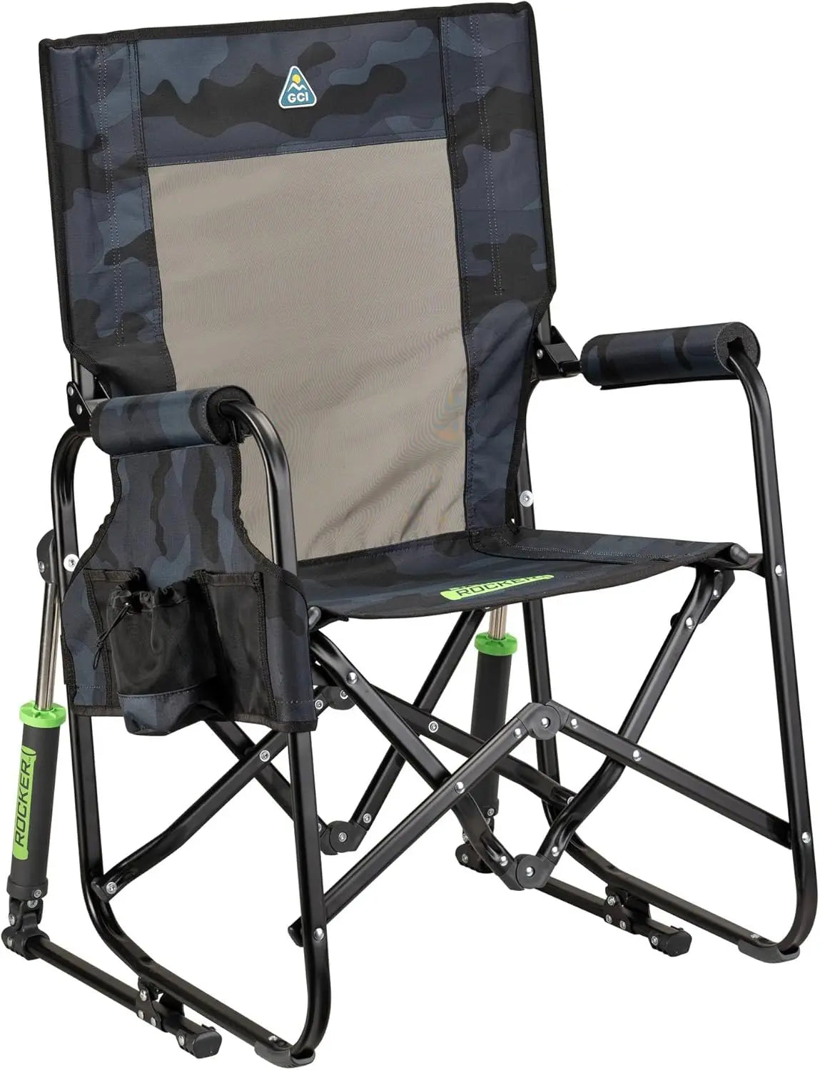 Side Table Camping Rocking Chair, Portable Folding with Armrests, Drink Holder & Comfortable Backrest