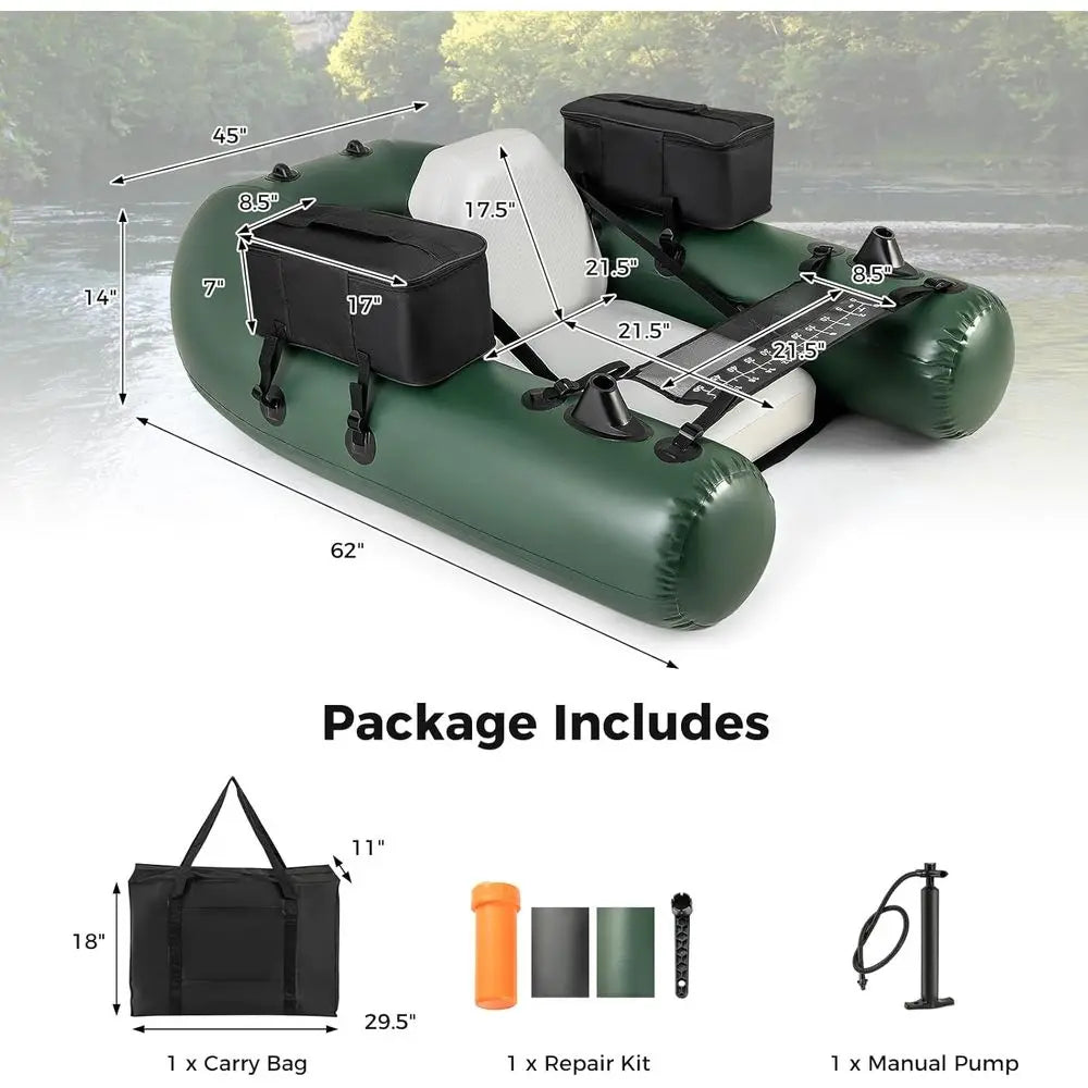 Inflatable Float Tube, Fishing Belly Boat with Fish Ruler, 2 Detachable Storage Bags, Pump, Carry Bag, PVC Fish Boat w/Reinforce