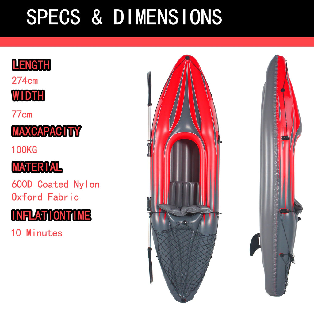 Inflatable Kayak Fishing Boat 1 Person Adult Red Canoe, with Paddles, Bag, Seats, High-Output Pump, Fin, for Lakes & Rivers