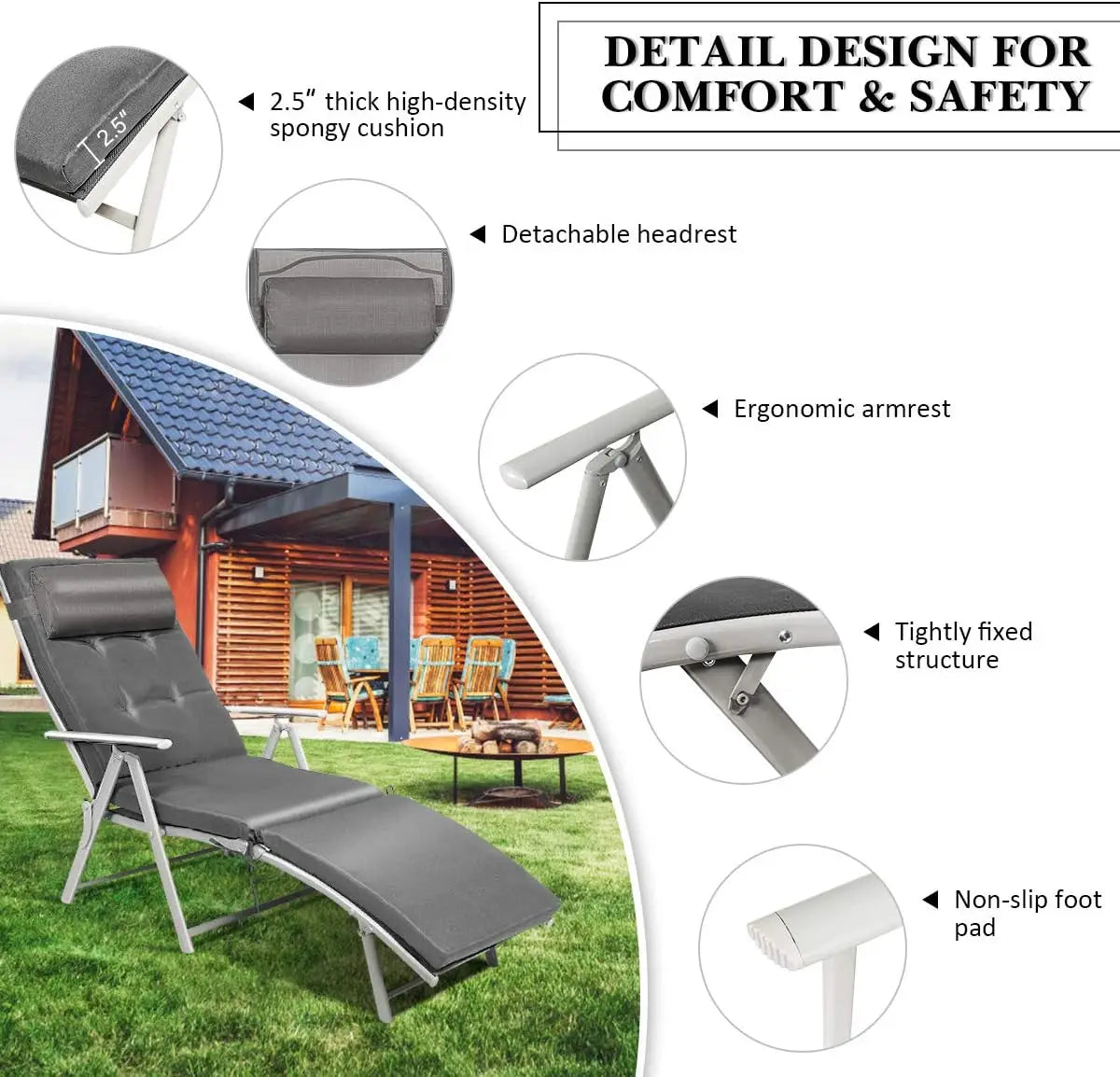 Outdoor Folding Chaise Lounge Chair, Lightweight Recliner Chair w/ 7 Adjustable Backrest Positions