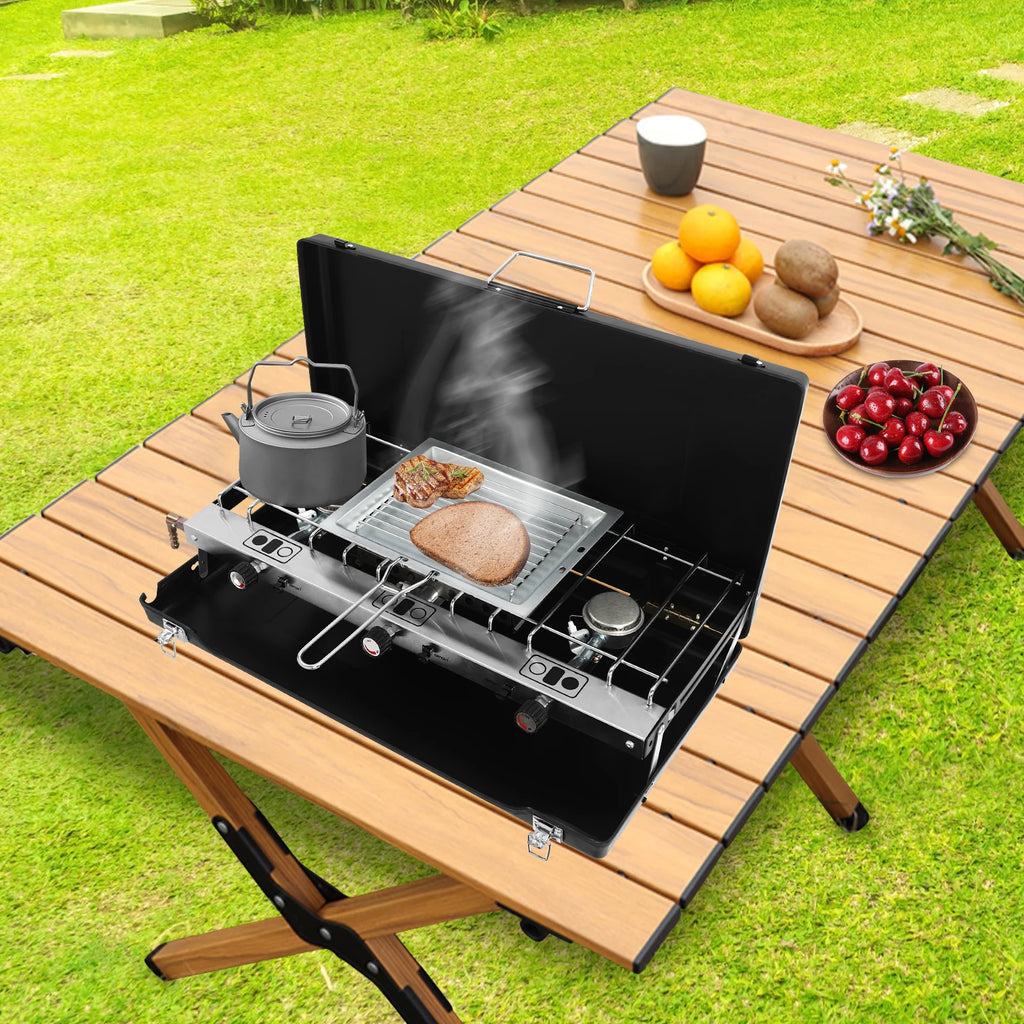 Portable Camping Stove with Griddle 3 Burner Propane Gas Stove