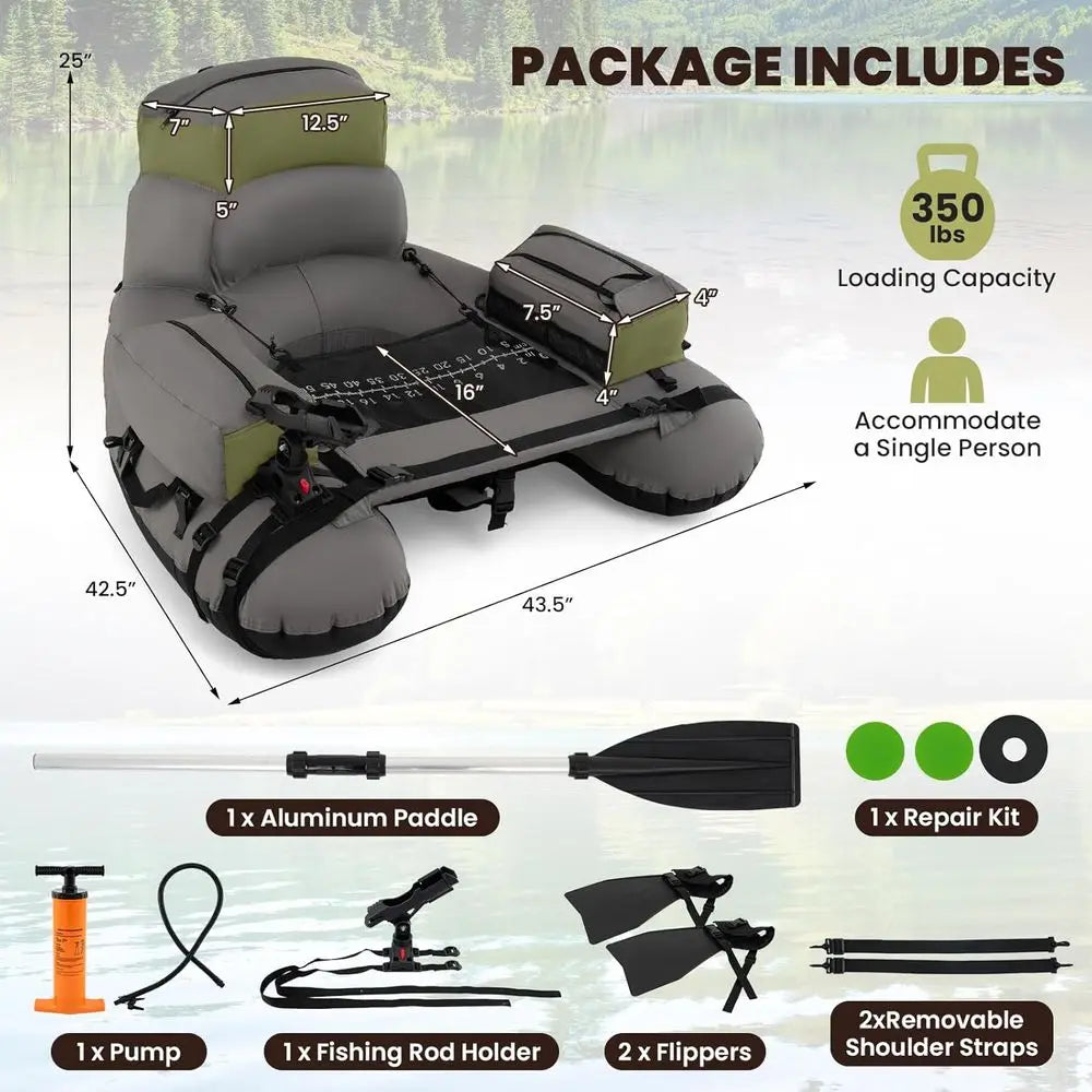 Inflatable Belly Boat with Oar, Flippers, Rod Holder, Fish Ruler, Hand Pump & Zipper Storage, Portable Backpack Float Tubes for
