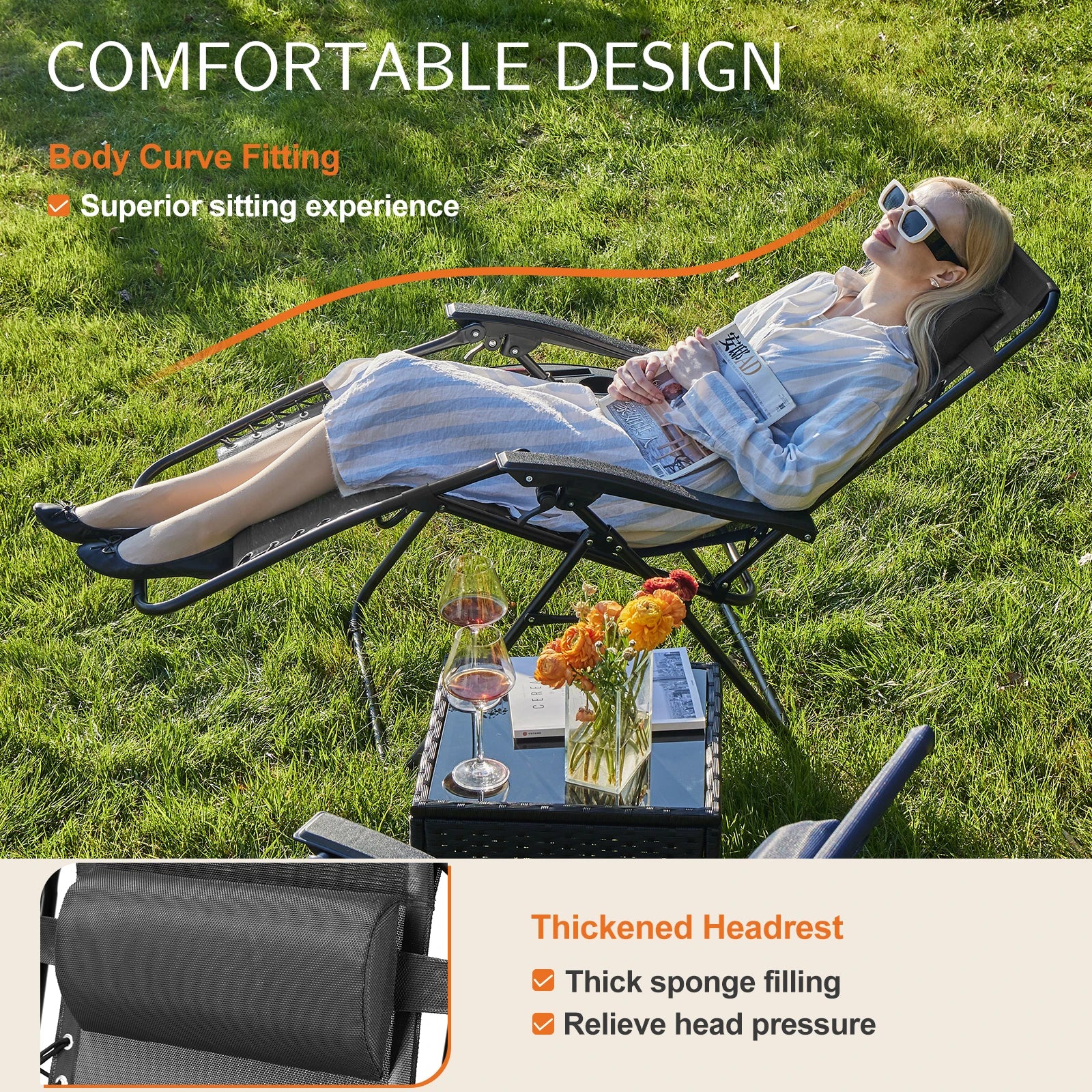 JHK Zero Gravity Set of 2 Portable Recliner Camping Patio Outdoor with Cup Holder Trays Adjustable Pillow