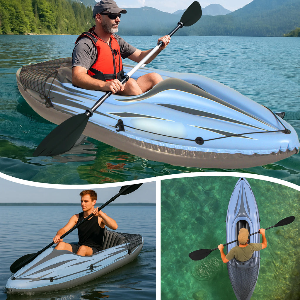 Inflatable Kayak Fishing Boat 1 Person Adult Blue Canoe, with Paddles, Bag, Seats, High-Output Pump, Fin, for Lakes & Rivers