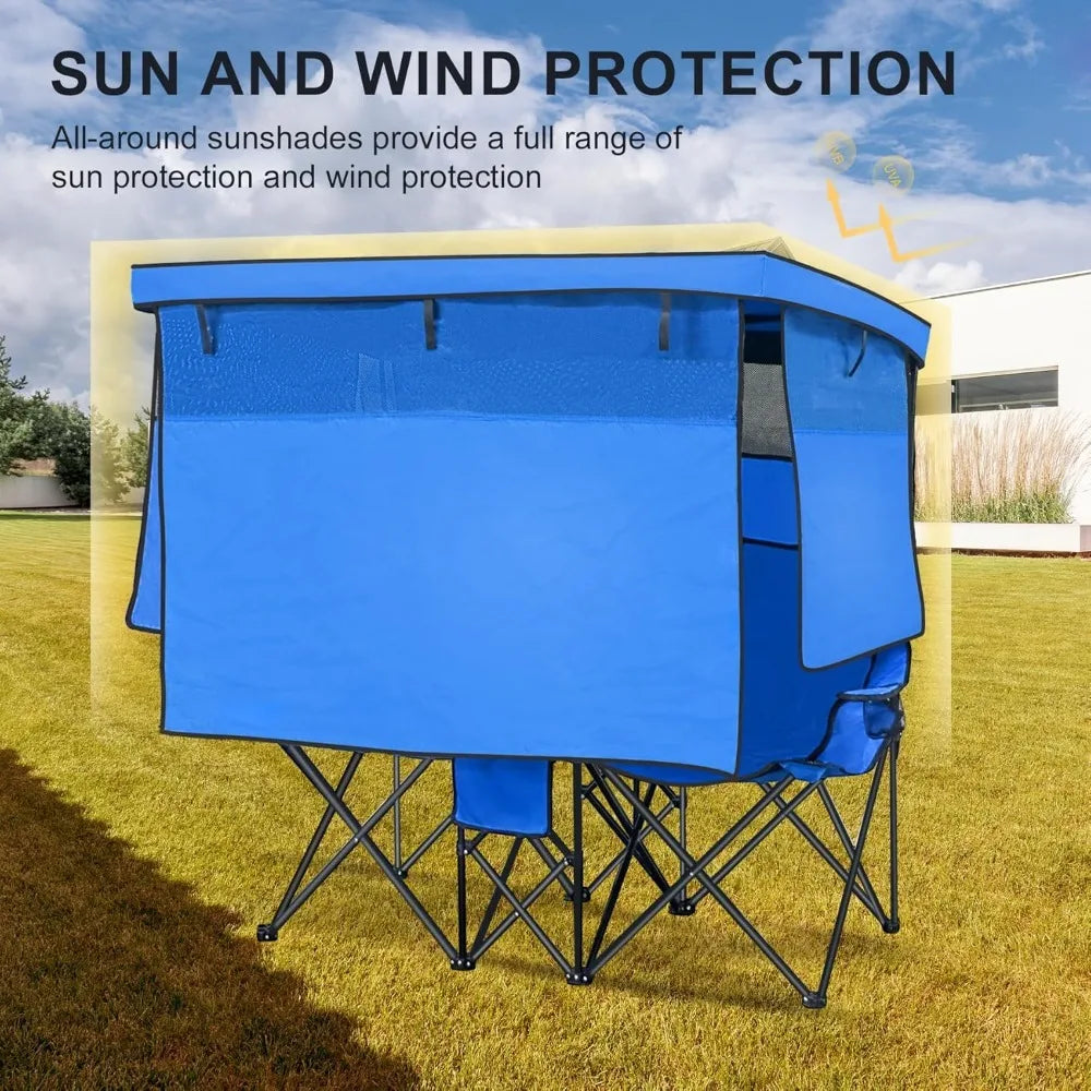 Double Beach Chair with Canopy Shade Heavy Duty Camping Chairs with Cup Holder Folding Loveseat for Outside Lawn