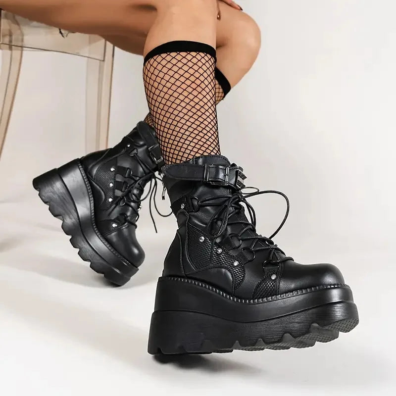 Women's Goth Cosplay Wedge Combat Ankle Boots Fashion Stylish Punk Buckle Lace-up Zipper Dress Boots