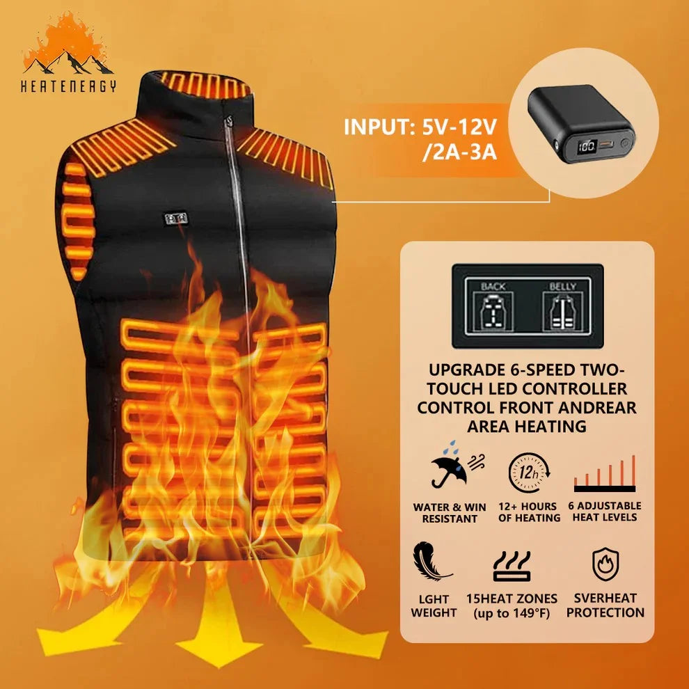 2025 Updated Version Two-touch 15Heat Zones LED Controller Heated Vest For Men & Women With Battery Pack