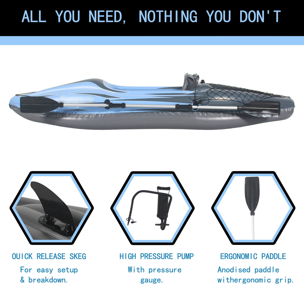 Inflatable Kayak Fishing Boat 1 Person Adult Blue Canoe, with Paddles, Bag, Seats, High-Output Pump, Fin, for Lakes & Rivers