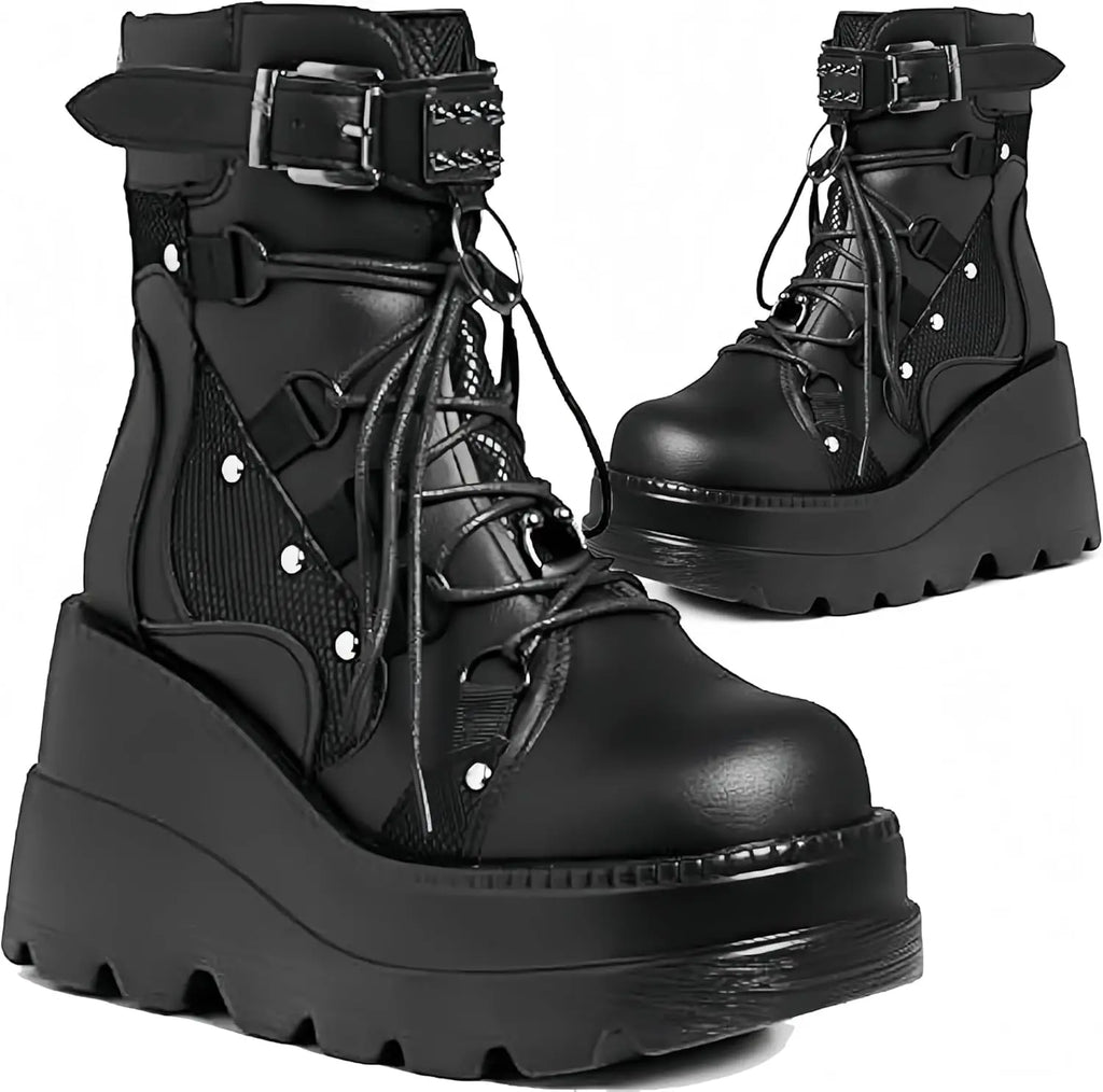 Women's Goth Cosplay Wedge Combat Ankle Boots Fashion Stylish Punk Buckle Lace-up Zipper Dress Boots