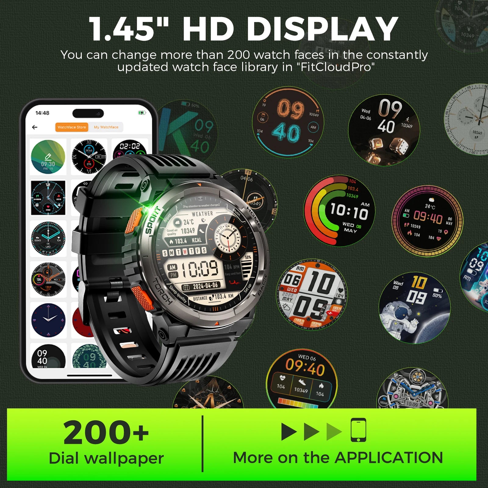 1.45 Inch Smart Watch Waterproof Original Design Sports  LED Flashlight