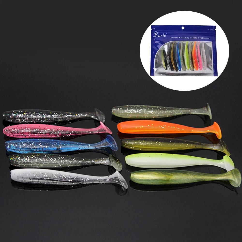 10Pcs 9cm Fishing Lures T Tail Worm Soft Bait Plastic Paddle Tail Swim Baits for Bass Trout Freshwater Saltwater