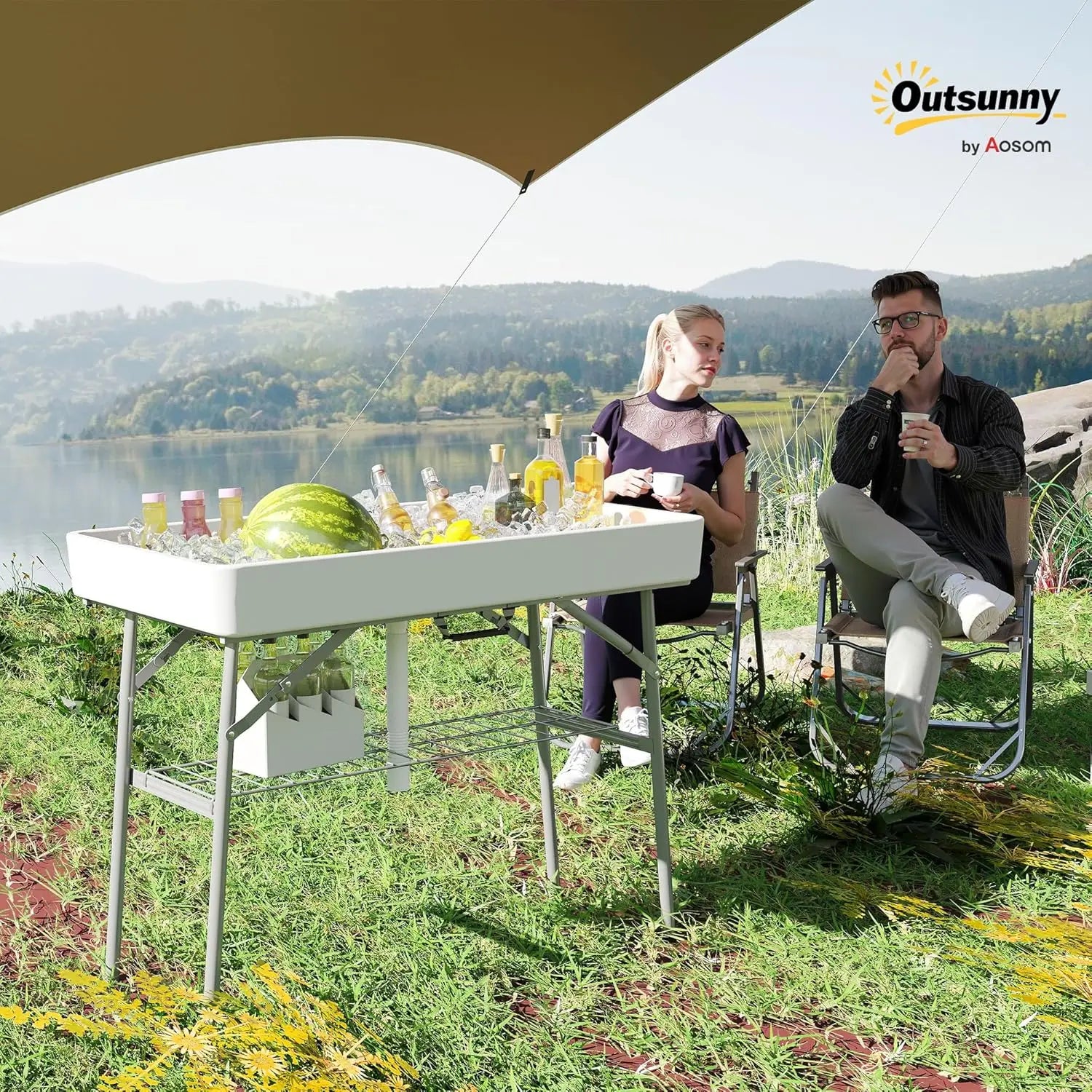 3.4ft Folding Ice Cooler Table with Drain, Fill and Chill Table Outdoor with Storage Shelf, Drink Cooler for Parties Picnic BBQ