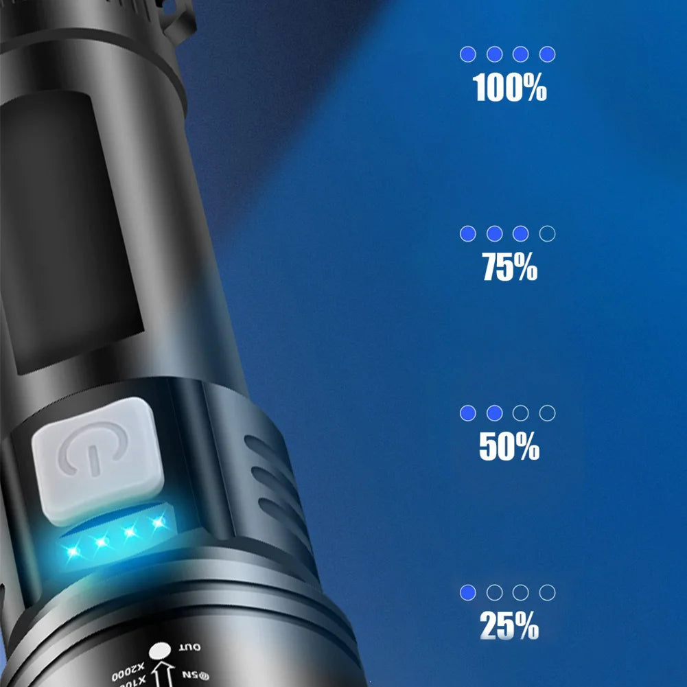 XHP50 Handheld LED Flashlight Power Display Powerful LED Flashlight 300LM Powerful Zoom Lamp Mobile Power Bank for Power Outages
