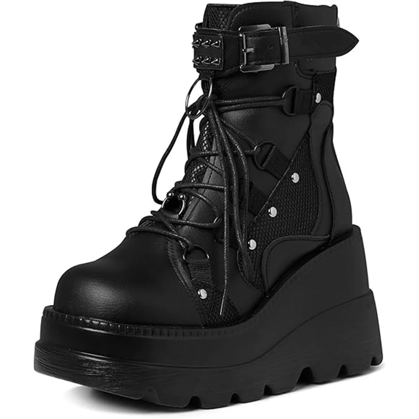 Women's Goth Cosplay Wedge Combat Ankle Boots Fashion Stylish Punk Buckle Lace-up Zipper Dress Boots