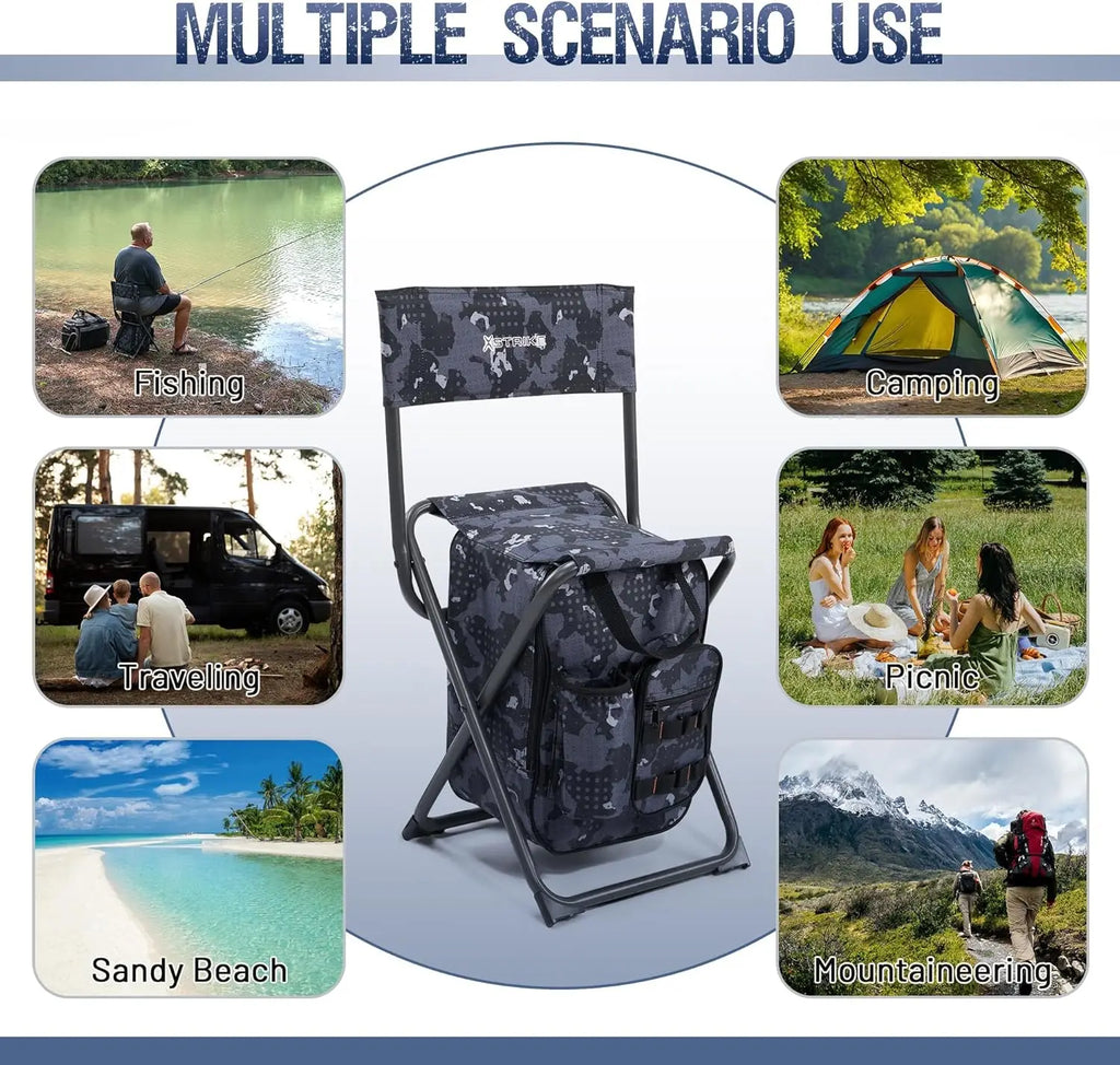 Fishing Backpack Chair with Cooler, Folding Camping Stool for Adults up to 350 lbs, Portable Lightweight for Hunting & Hiking