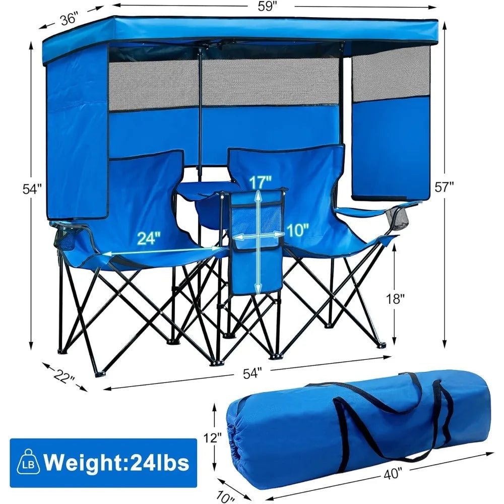 Double Beach Chair with Canopy Shade Heavy Duty Camping Chairs with Cup Holder Folding Loveseat for Outside Lawn