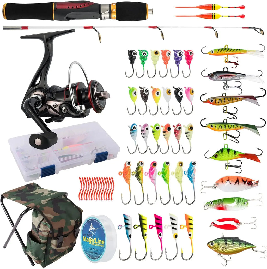 Fishing Rod and Reel Combo with Backpack Seat, Lures, and Accessories