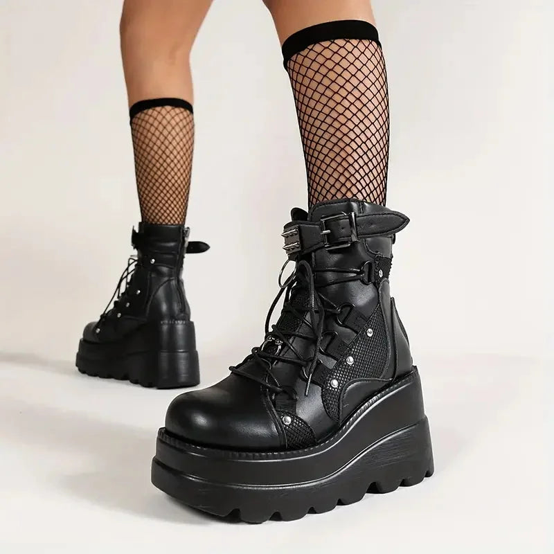 Women's Goth Cosplay Wedge Combat Ankle Boots Fashion Stylish Punk Buckle Lace-up Zipper Dress Boots
