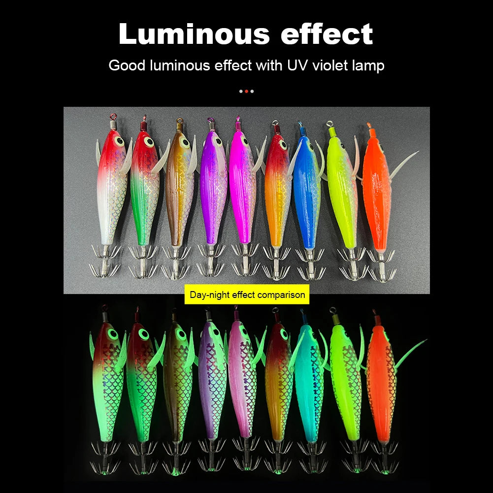 3-1Pcs Squid Jig Hook Fishing Lure Luminous 8cm 9.5g Artificial Fake Octopus Lures Wood Shrimp Cuttlefish