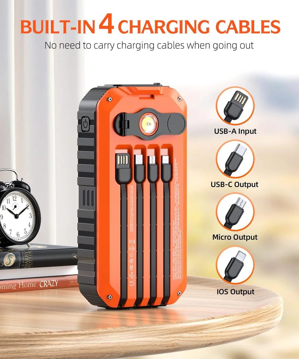 Solar Charger Power Bank 40000mAh Built in 4 Cables and Hand Crank,Portable Charger 6 Outputs & 4 Inputs External Battery Pack
