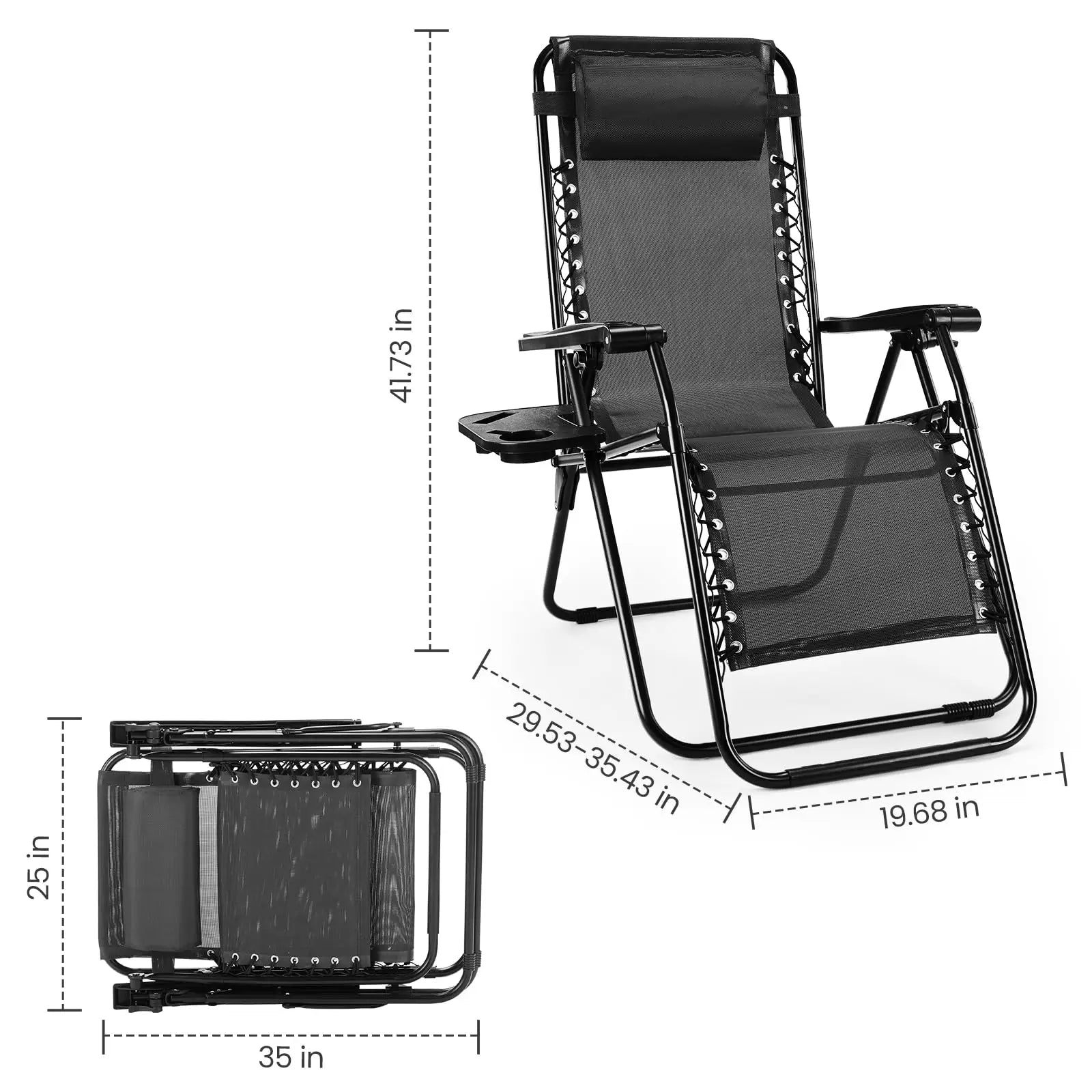 JHK Zero Gravity Set of 2 Portable Recliner Camping Patio Outdoor with Cup Holder Trays Adjustable Pillow