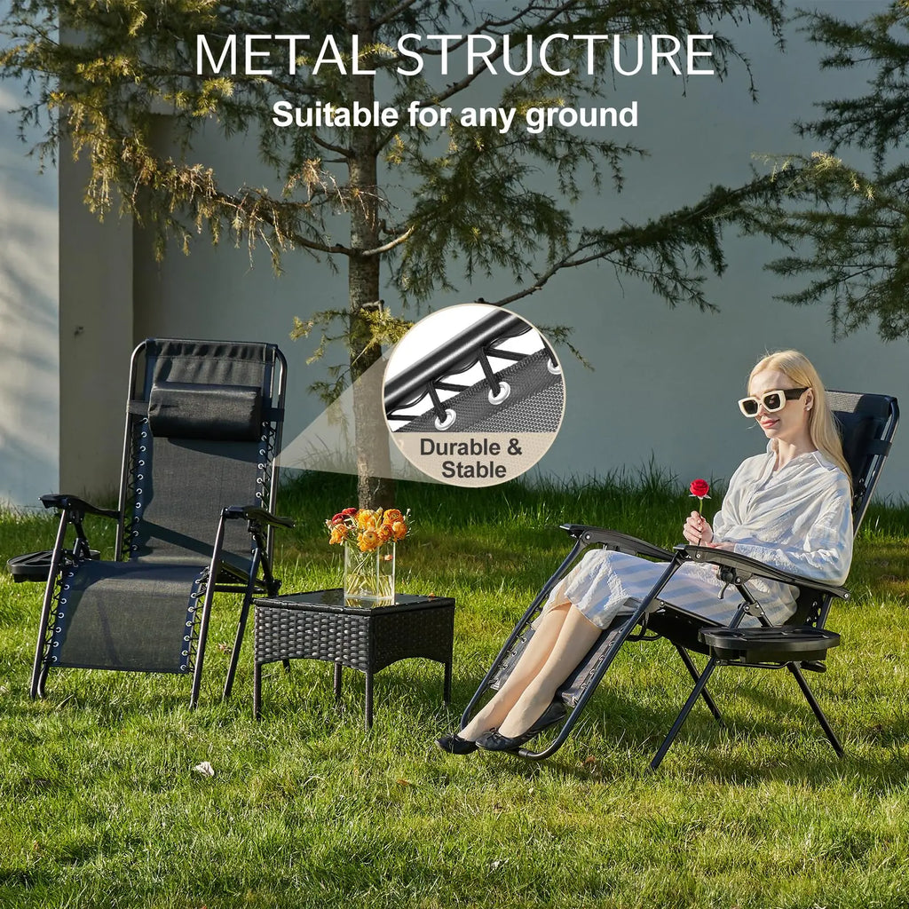 JHK Zero Gravity Set of 2 Portable Recliner Camping Patio Outdoor with Cup Holder Trays Adjustable Pillow