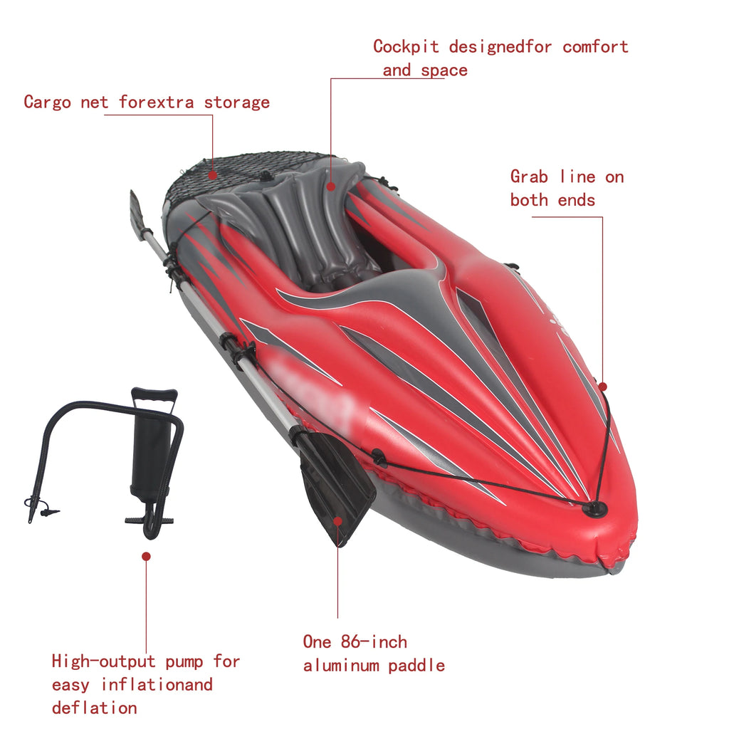 Inflatable Kayak Fishing Boat 1 Person Adult Red Canoe, with Paddles, Bag, Seats, High-Output Pump, Fin, for Lakes & Rivers