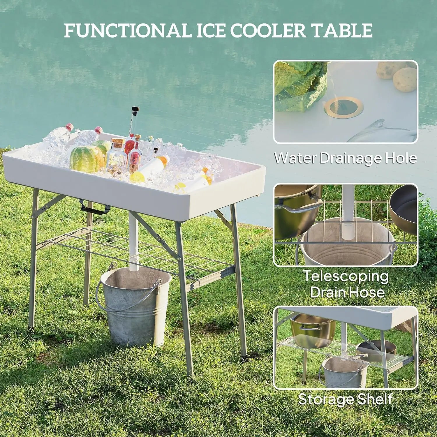 3.4ft Folding Ice Cooler Table with Drain, Fill and Chill Table Outdoor with Storage Shelf, Drink Cooler for Parties Picnic BBQ