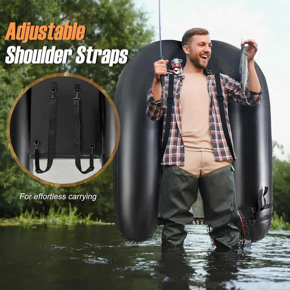Inflatable Belly Boat with Fish Ruler, Fishing Rod Holder, Pump, Storage Bag, Flippers & Adjustable Straps, Portable Backpack