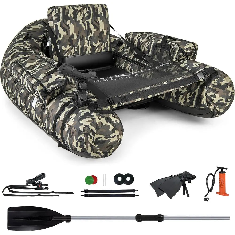 Inflatable Belly Boat with Fish Ruler, Fishing Rod Holder, Pump, Storage Bag, Flippers & Adjustable Straps, Portable Backpack