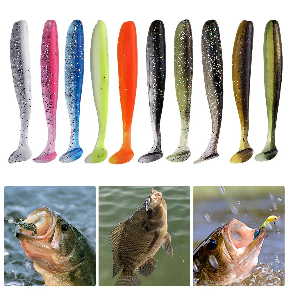 10Pcs 9cm Fishing Lures T Tail Worm Soft Bait Plastic Paddle Tail Swim Baits for Bass Trout Freshwater Saltwater