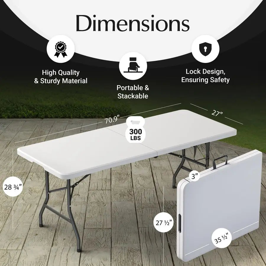 6 Feet Foldable Table with Built in Handle Steel Legs Perfect for Party, Dining, Wedding, Event
