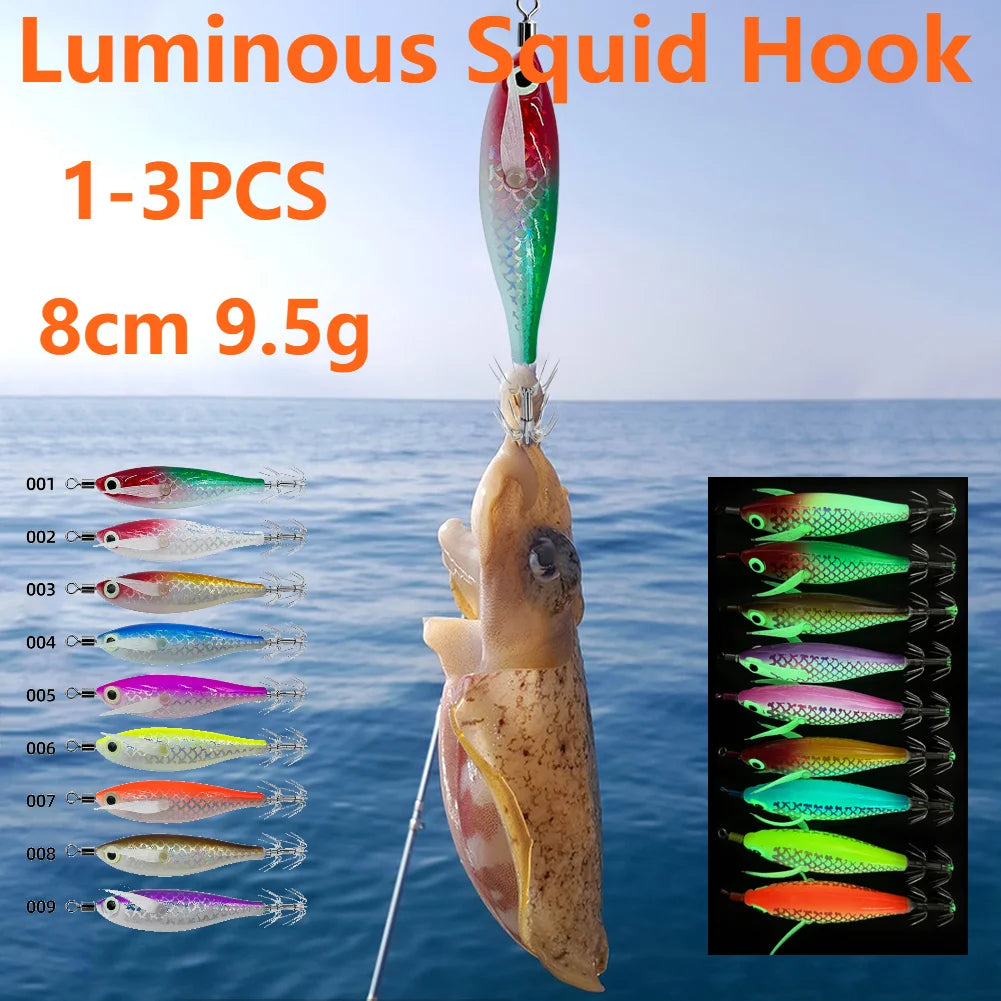3-1Pcs Squid Jig Hook Fishing Lure Luminous 8cm 9.5g Artificial Fake Octopus Lures Wood Shrimp Cuttlefish