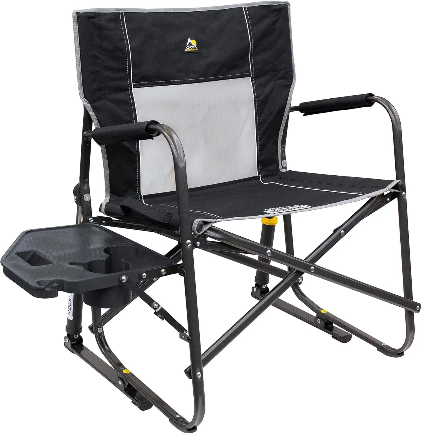 Side Table Camping Rocking Chair, Portable Folding with Armrests, Drink Holder & Comfortable Backrest
