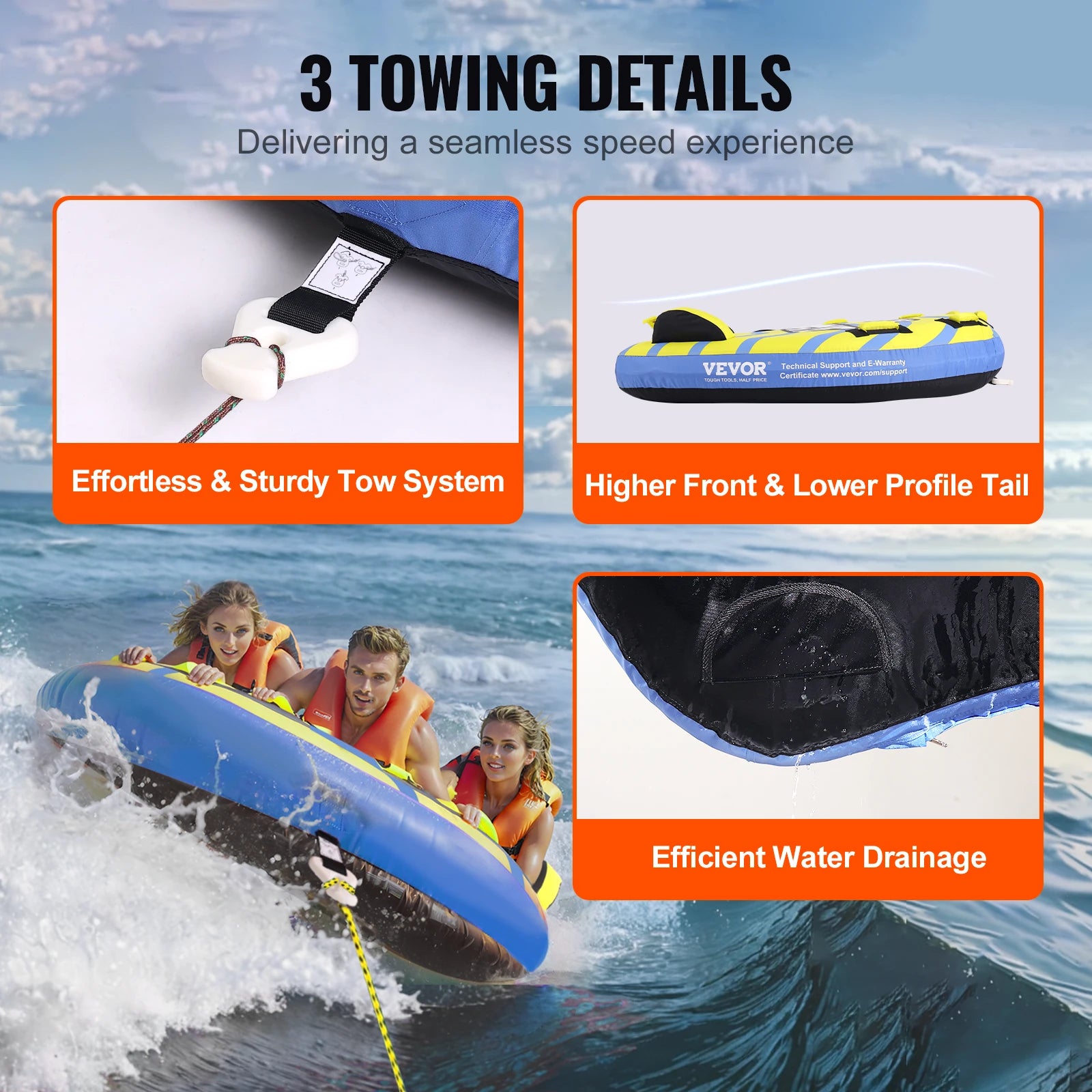 SucceBuy Towable Tube for Boating, 1-3 People Inflatable Towable Tube with Bumper Fins, 510lb Water Sport Towable Tubes for Boat