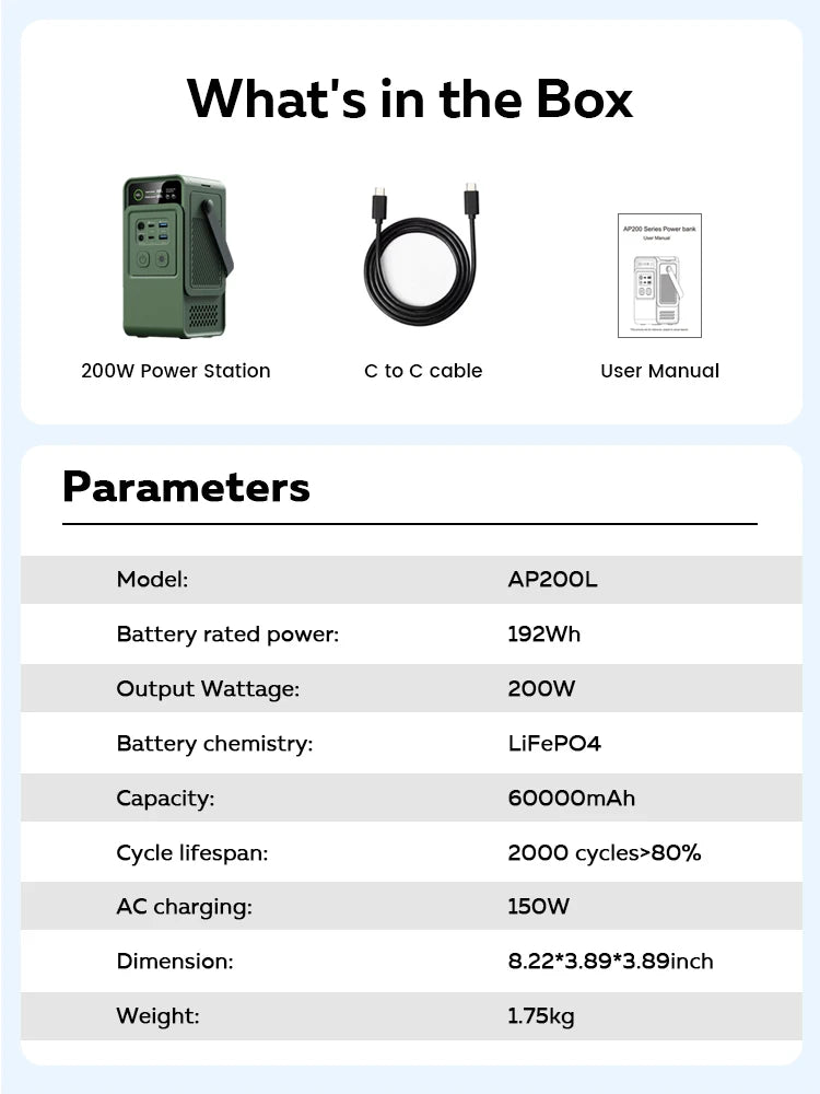 CTOLITY 192Wh Camping Power Station 200W Power Bank 60000mAh LiFePo4 Portable Charger Battery Outdoor Solar Generator Supply