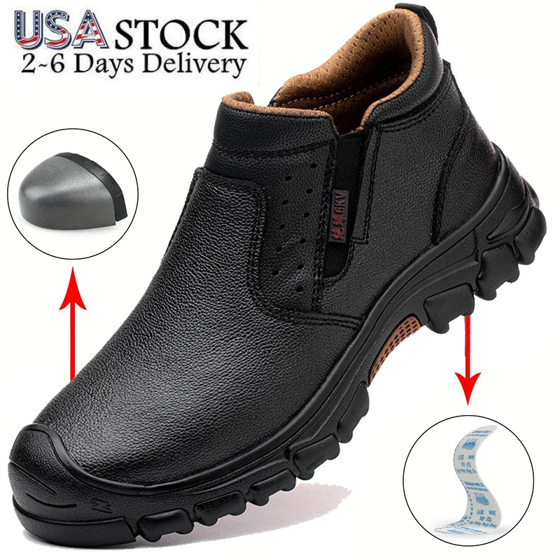 Mens Work Boots Composite Toe Safety Footwear Metatarsal Guard Puncture-Proof Construction Work Shoes Anti-Slip Rubber Outsole
