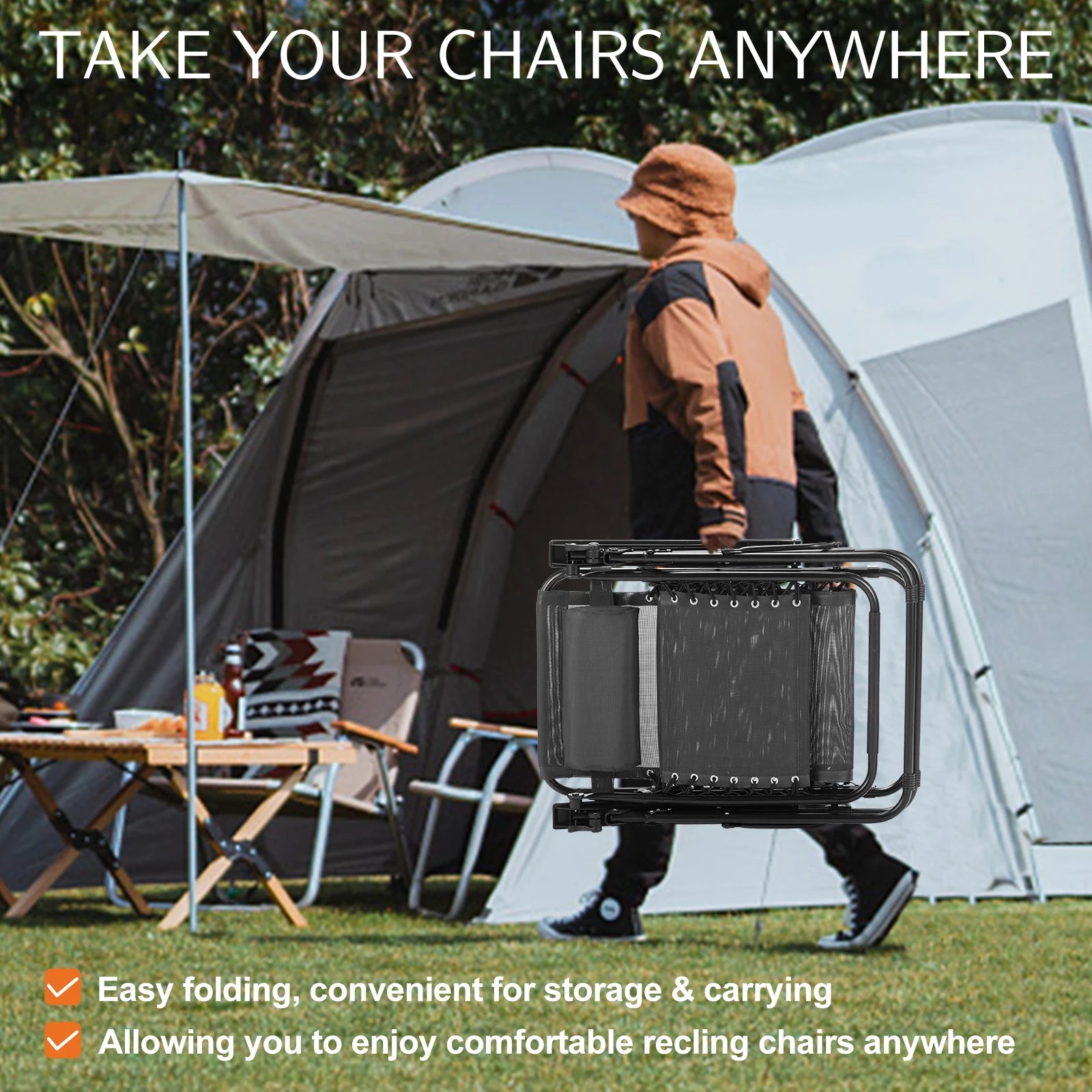 JHK Zero Gravity Set of 2 Portable Recliner Camping Patio Outdoor with Cup Holder Trays Adjustable Pillow