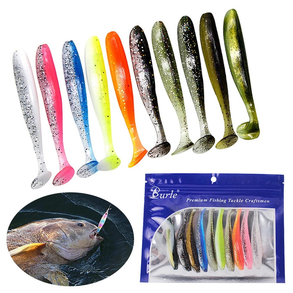 10Pcs 9cm T Tail Worm Soft Bait Plastic Fishing Soft Lure Paddle Tail Swim Baits